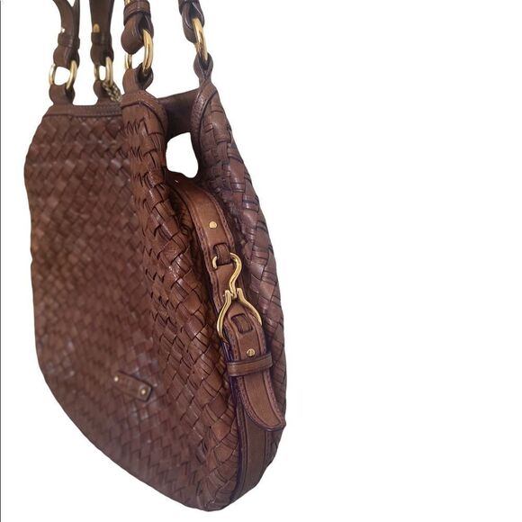 Cole Haan Genevieve Woven Leather Hobo Bag Brown Brass Hardware Shoulder Purse - Picture 6 of 9